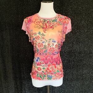 Y2K 2000s Pink Floral Mesh Short Sleeve Shirt Womens Size XL